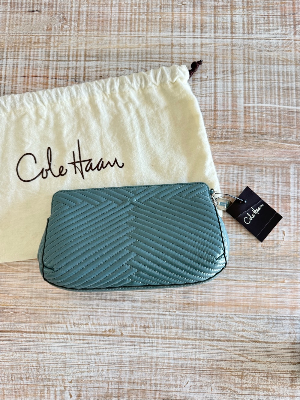 Cole Haan Quilted Teal Leather Wristlet Clutch